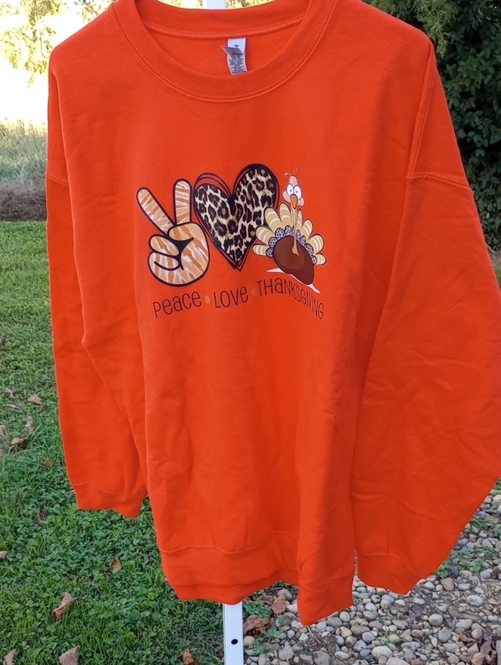 Gildan Orange Thanksgiving Sweatshirt with Peace, Heart & Turkey Graphic New